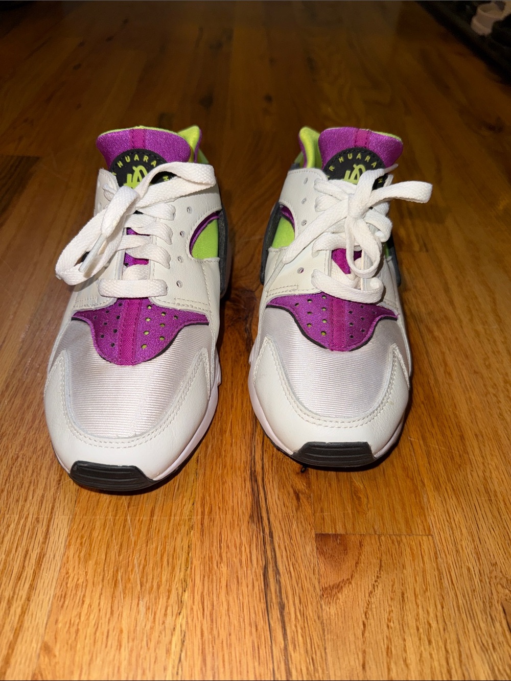 Nike Air Huarache White Sneakers with Purple and Lime Accents wmns 5.5 fit 5
